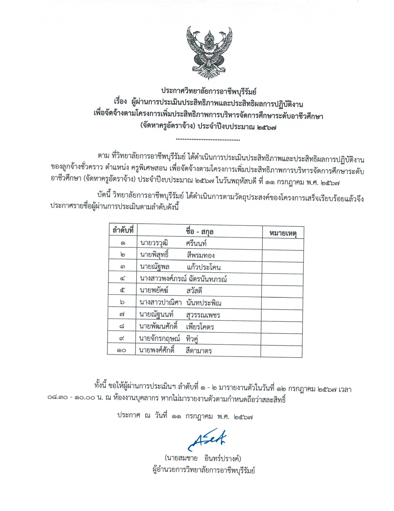 11 ก.ค. 67 ประกาศผู้ผ่านการประเมินประสิทธิภาพ page 0001 1